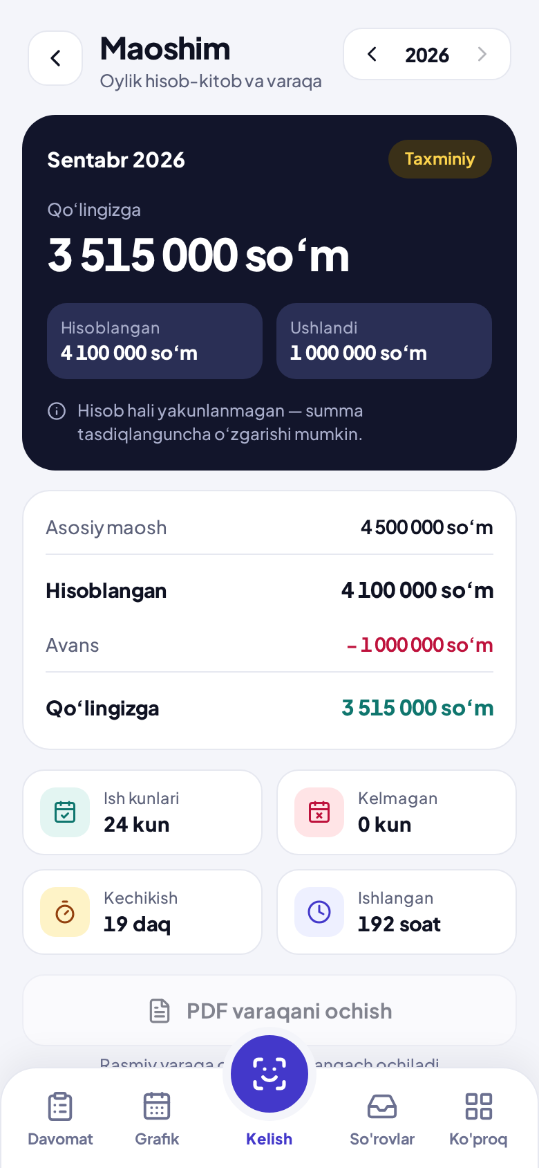 Maosh ekrani: qo'lga tegadigan summa, hisoblangan maosh va avans